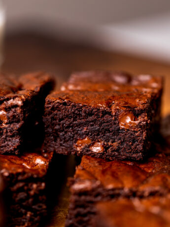 Stack of brown butter brownies.