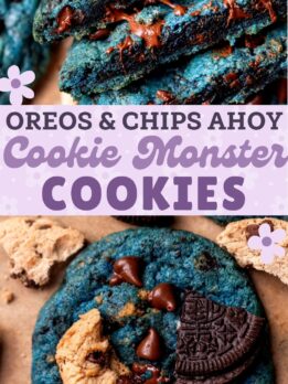 Pinterest pin for cookie monster cookies.