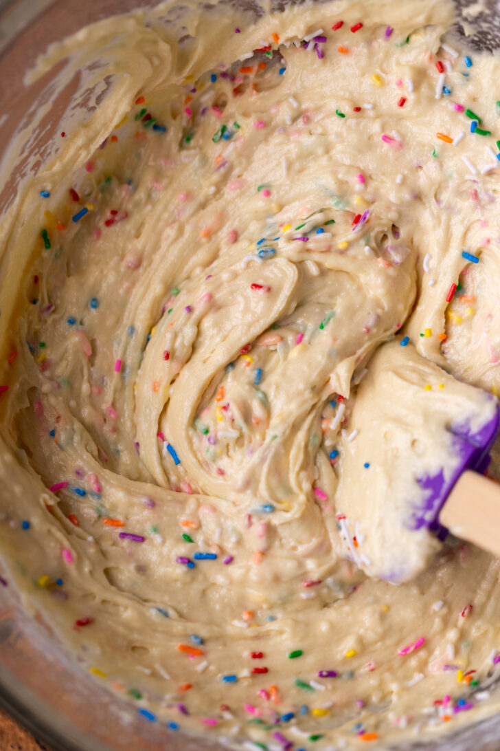 Funfetti cake batter in a bowl.