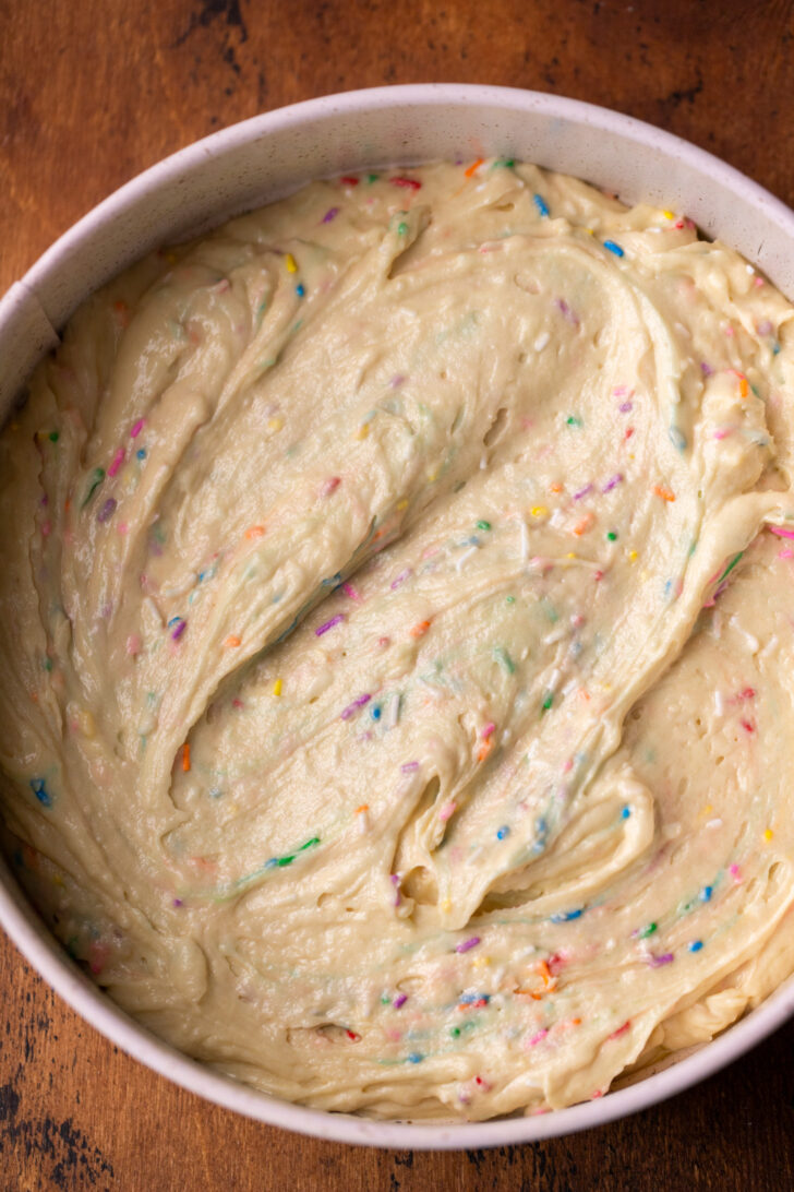 Cake batter in the pan.
