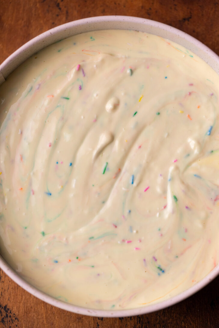 Cheesecake batter in the pan.