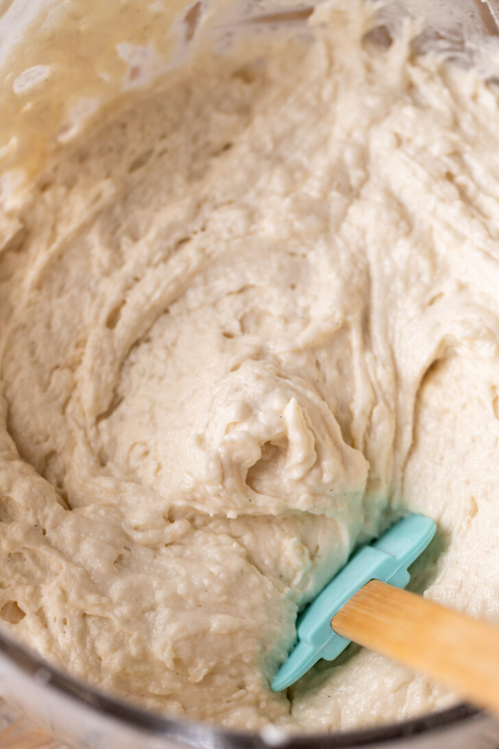 White cake batter in a bowl.