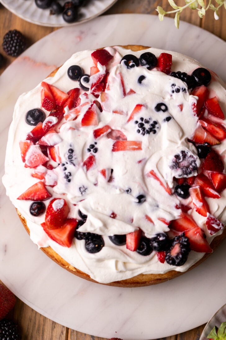 Berries on top of one cake layer.