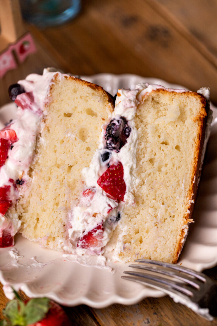 Once slice of cake on a plate.