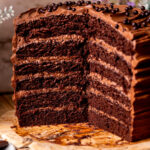 Split open chocolate fudge cake.