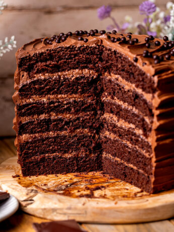 Split open chocolate fudge cake.