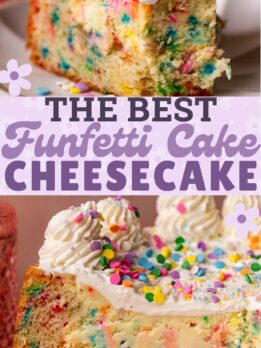 Pinterest pin for funfetti cake cheesecake.