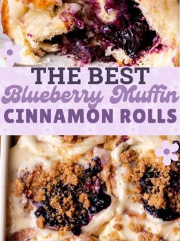 Pinterest pin for blueberry muffin cinnamon rolls.