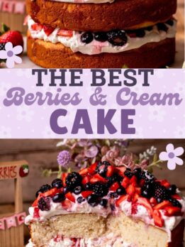 Pinterest pin for berries and cream cake.