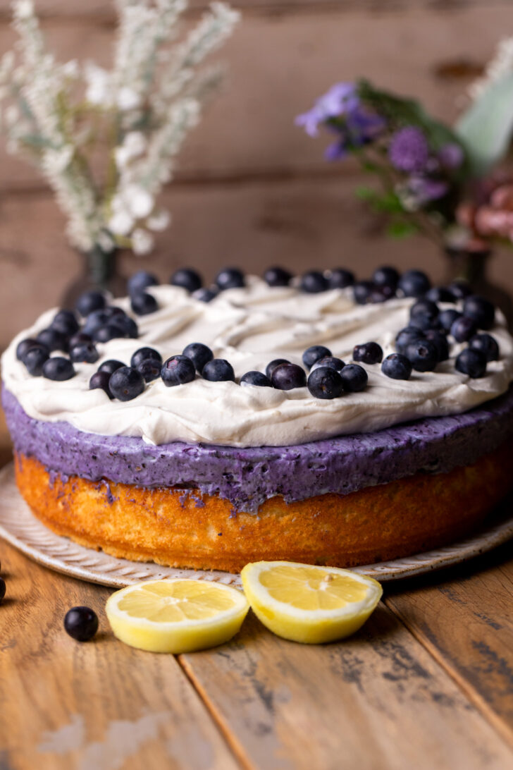 Decorated cake on a platter.