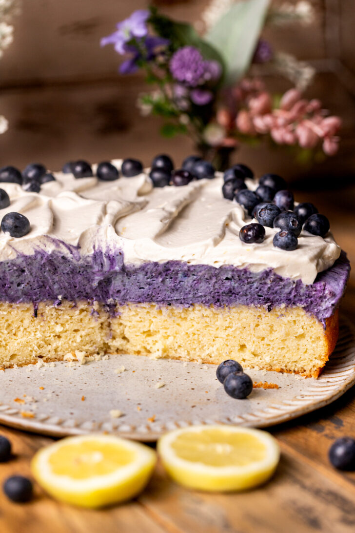 Side view of opened lemon blueberry mousse cake.