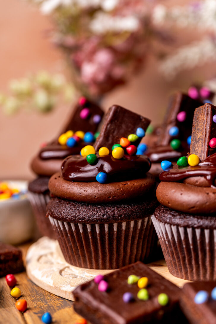 Side view of cosmic brownie cupcakes.