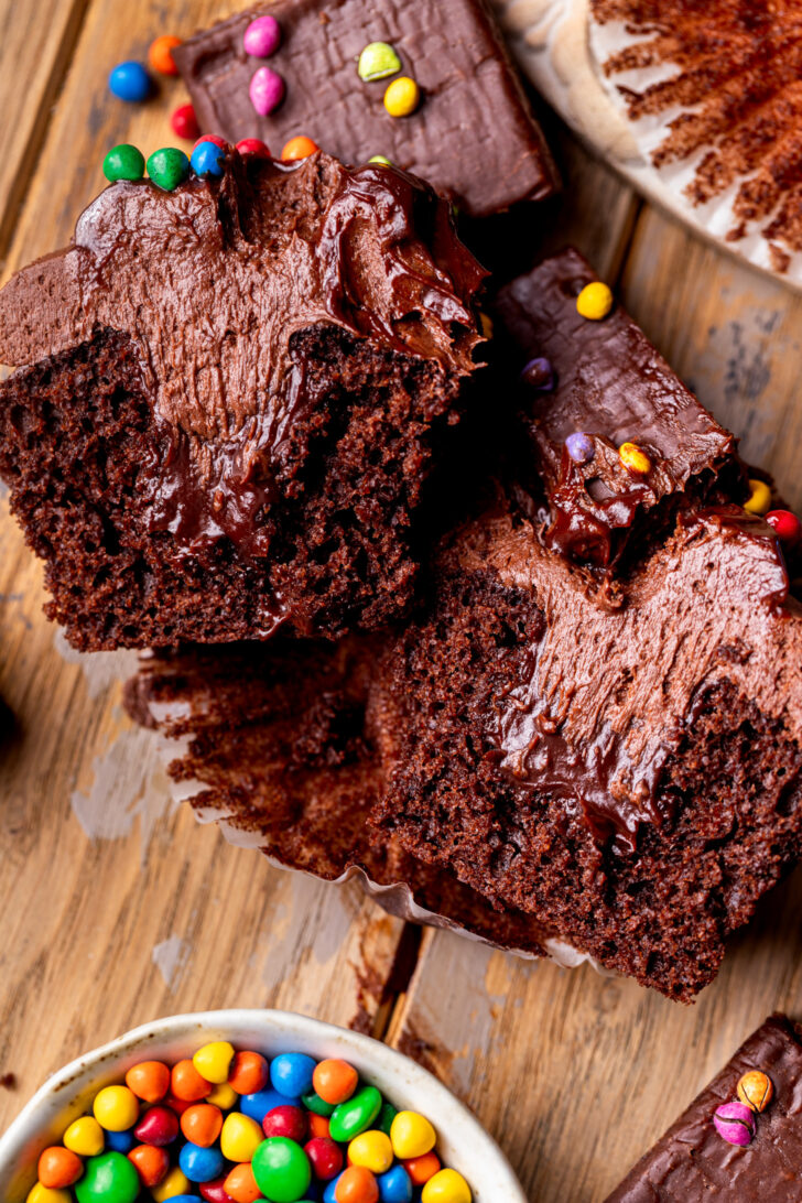 One cupcake split in half.