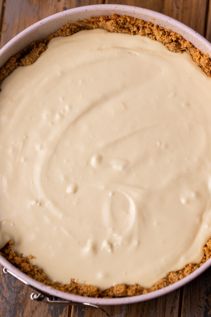 Cheesecake batter in the pan.
