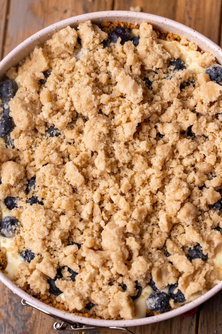 Crumble on top of blueberry layer.