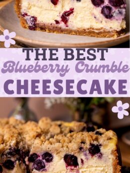 Pinterest pin for blueberry crumble cheesecake.