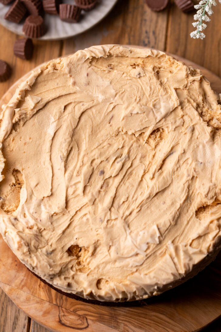 Ice cream layer on top of cake.