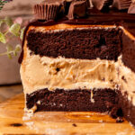 Close up of the side of chocolate peanut butter ice cream cake.