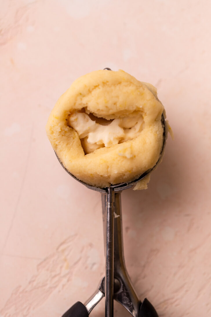 Cookie dough in the scoop.