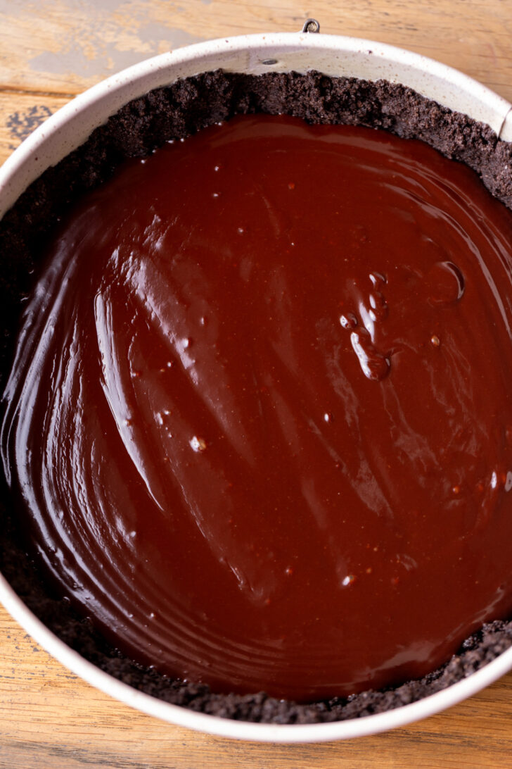 Chocolate ganache in the pan.