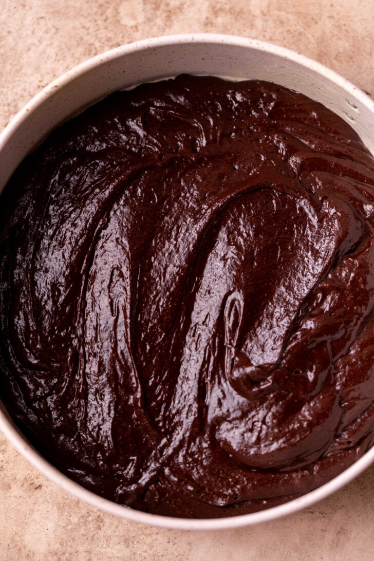 Brownie batter in the pan.