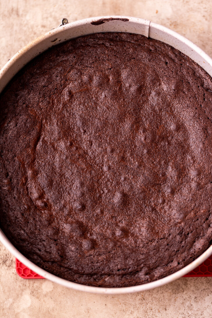 Baked brownie crust in the pan.