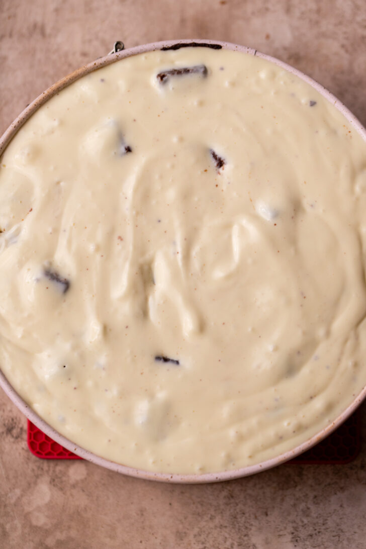 Cheesecake batter in the pan.