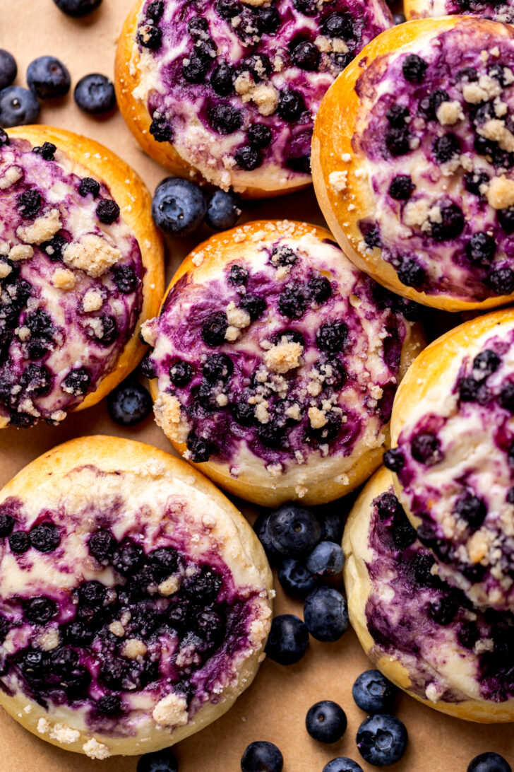 Top view of blueberry cheesecake buns.