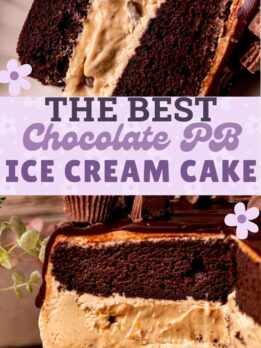 Pinterest pin for chocolate peanut butter ice cream cake.