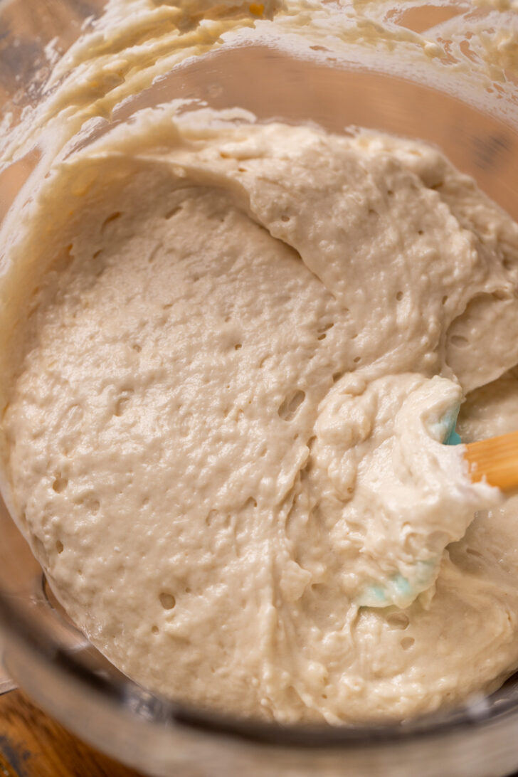 White cake batter in a bowl.