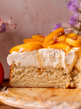 Close up of the peaches and cream cake.