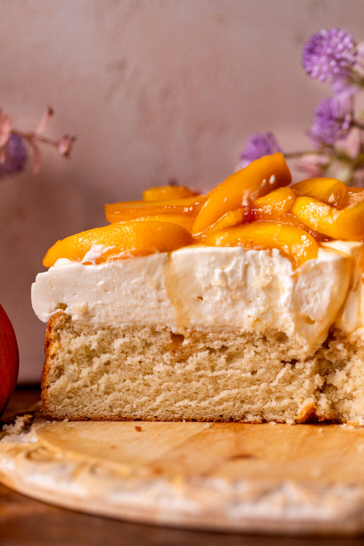 Close up of the peaches and cream cake.