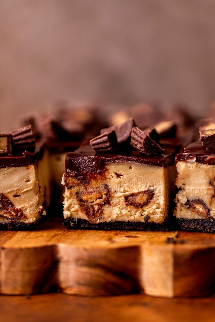 Side view of peanut butter cheesecake bars.