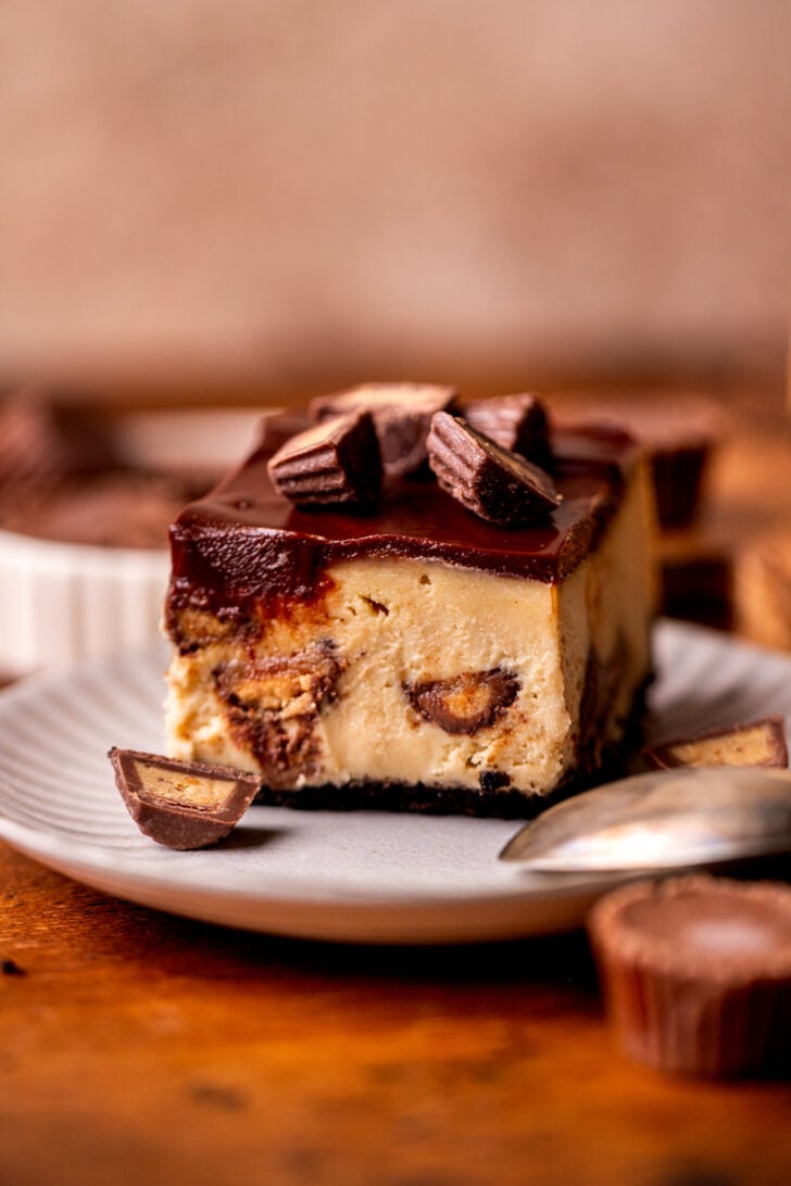 One slice of peanut butter cheesecake bar on a plate.