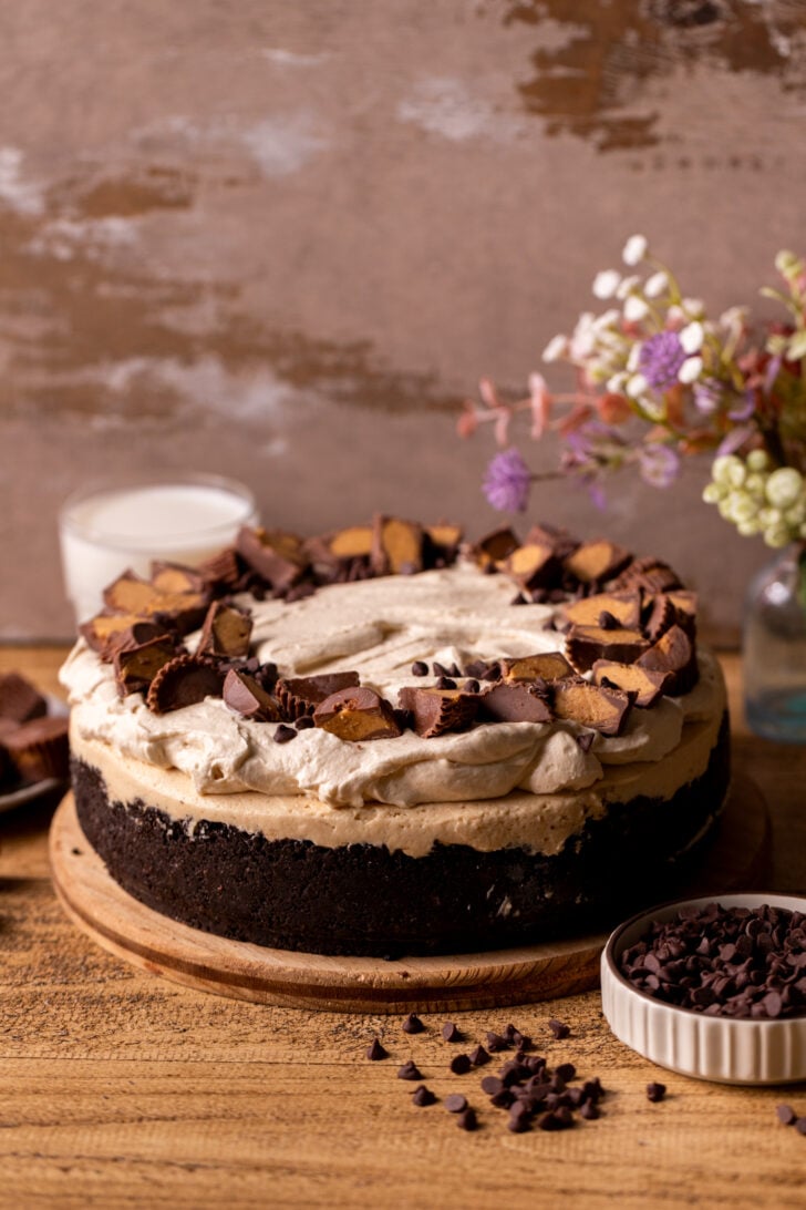 Decorated pie on a wood board.
