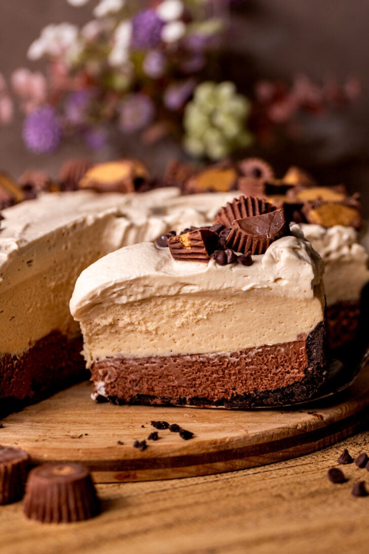 Close up of one slice of chocolate peanut butter pie.