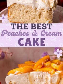 Pinterest pin for peaches and cream cake.