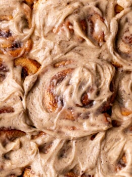 Top view of close up of brown butter cinnamon rolls.