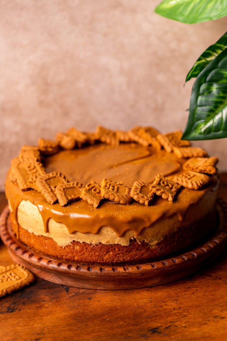 Decorated cake on a wood board.