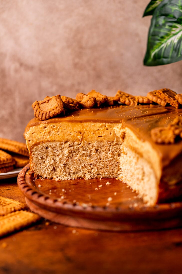 Cake opened on a wood board.