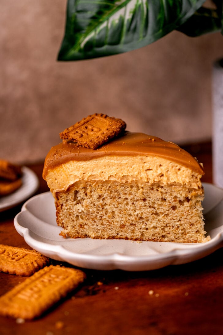 One slice of Biscoff mousse cake on a plate.
