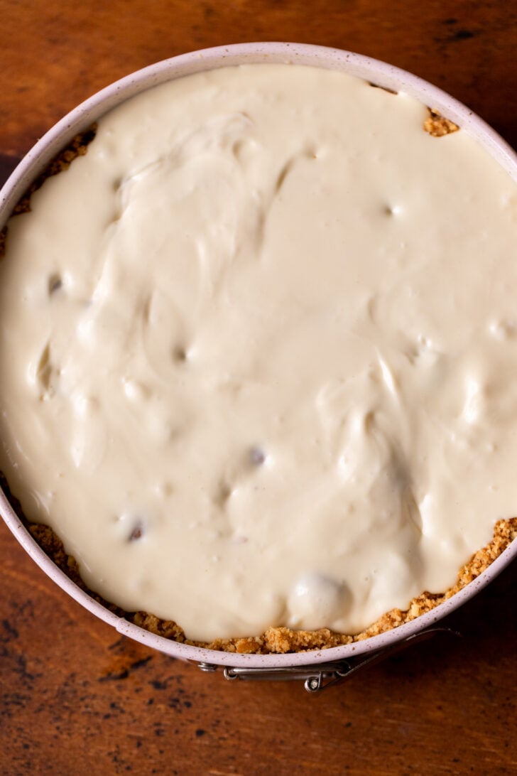 Cheesecake batter in the pan.