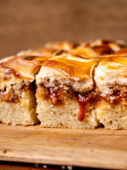 Side view of caramel cake.