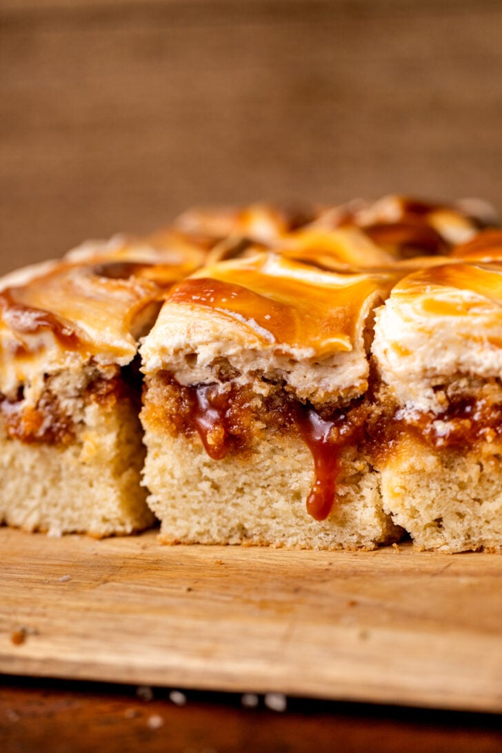 Side view of caramel cake.