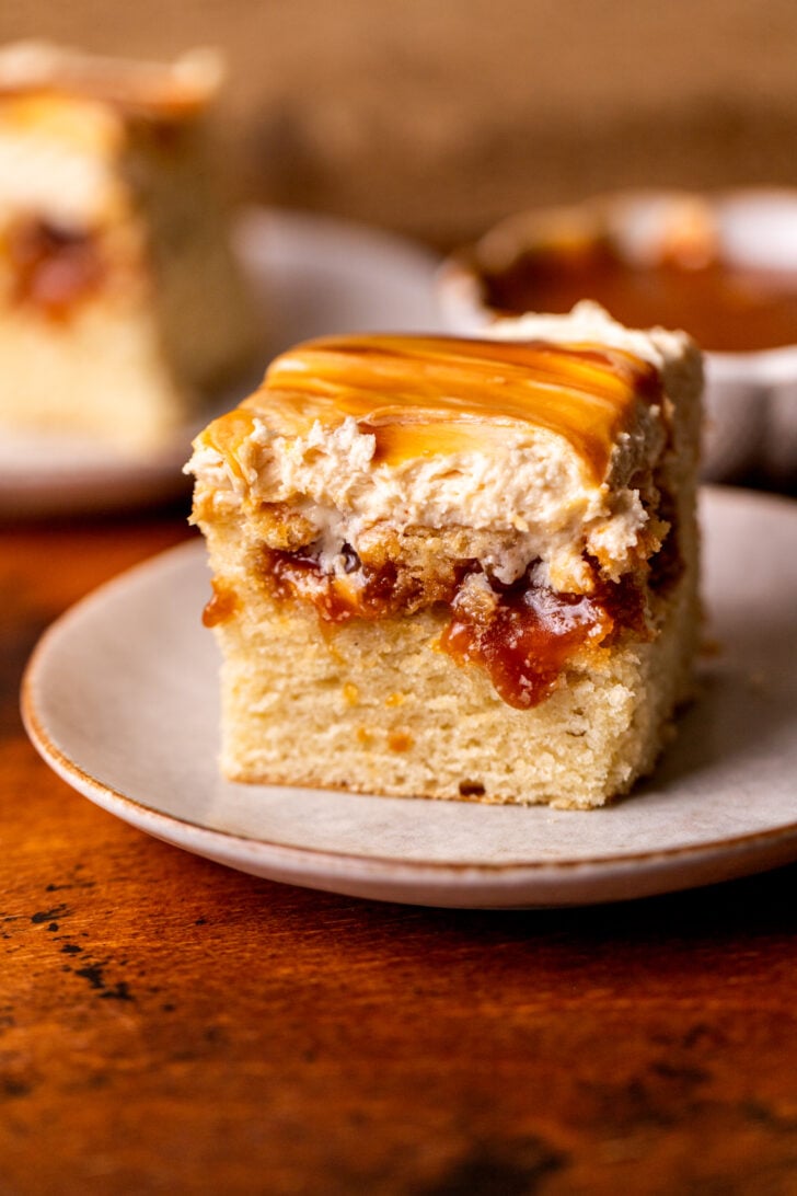 One slice of cake on a plate.