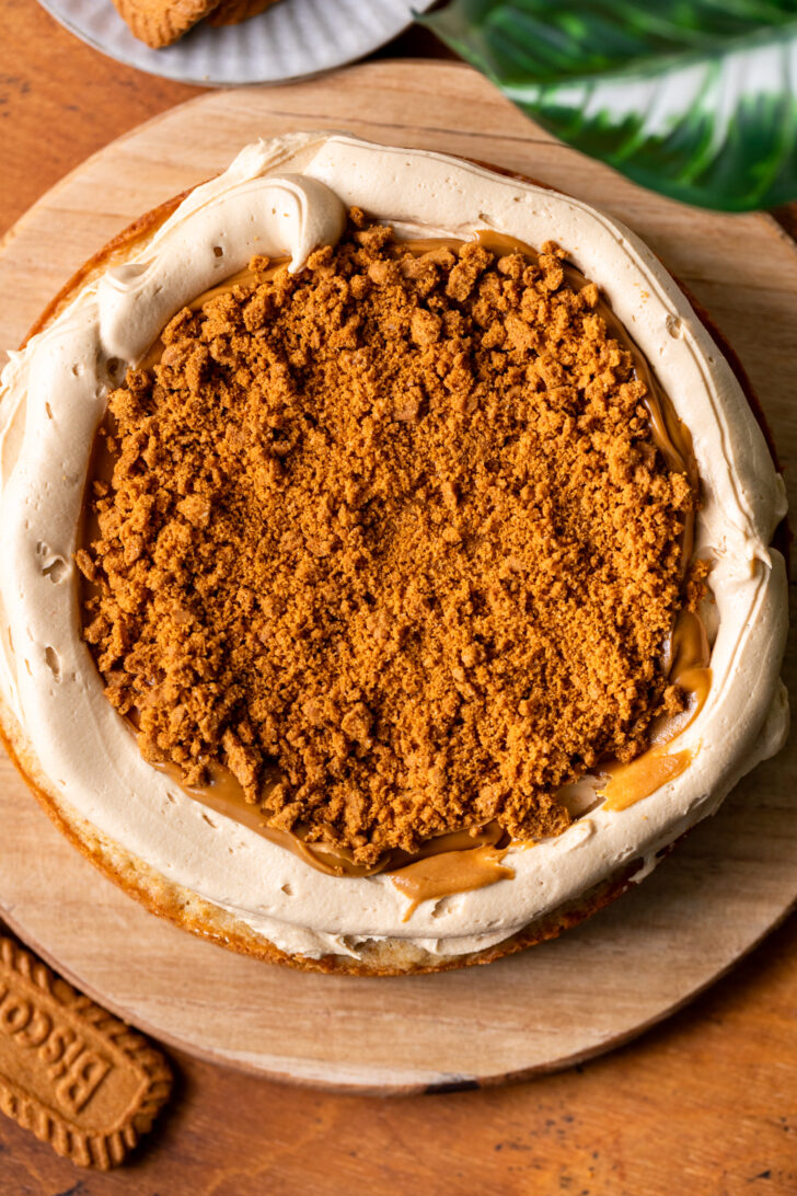 Crushed cookies on top of cake.