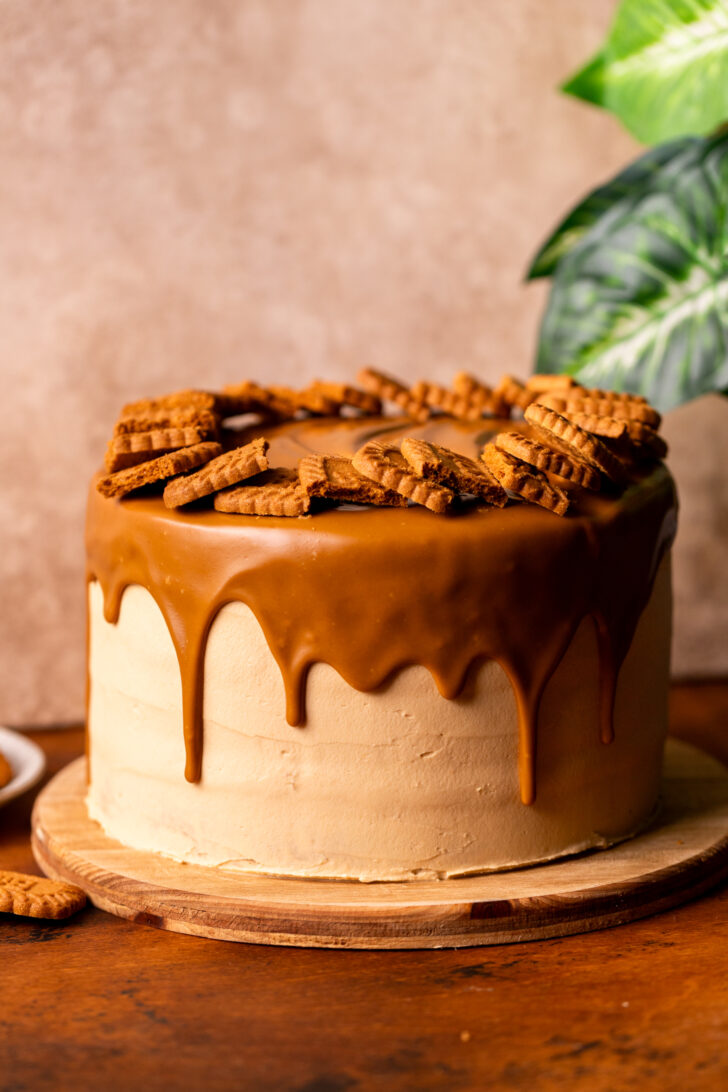 Decorated cake on a cake stand.