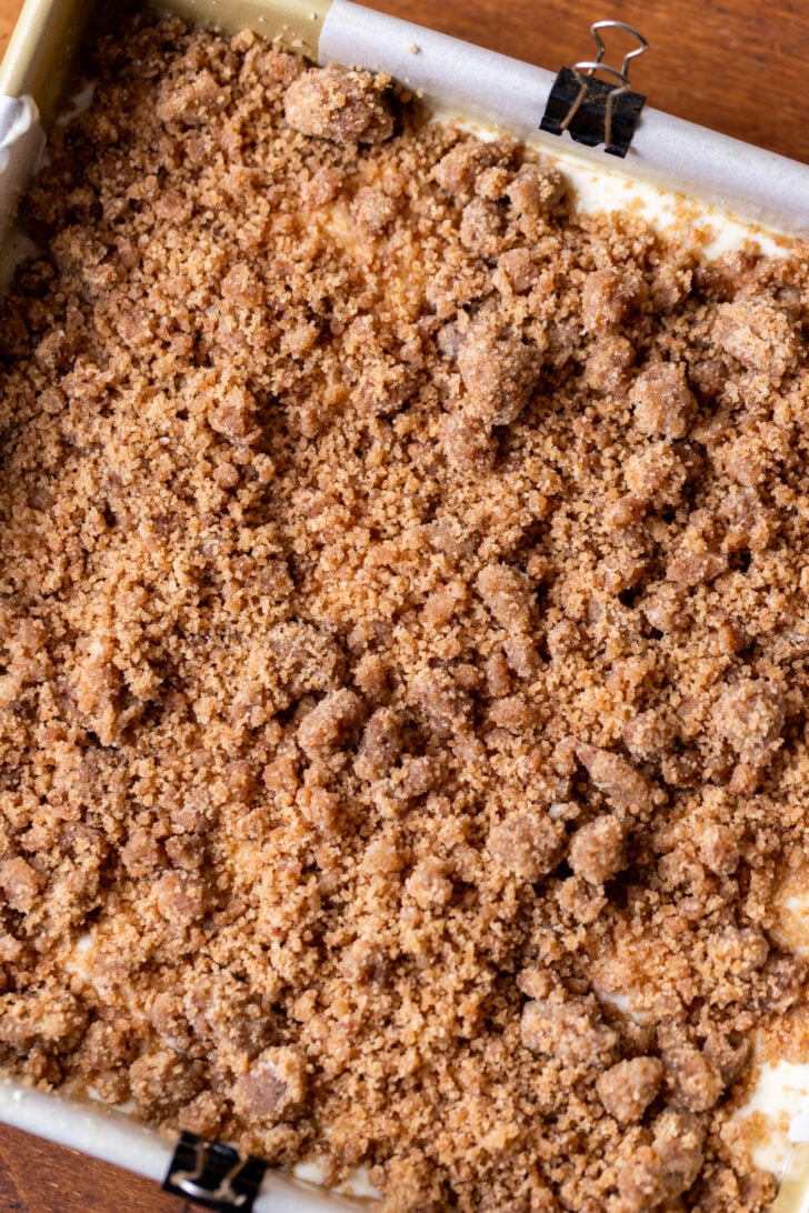 Crumb topping on top of cake batter.