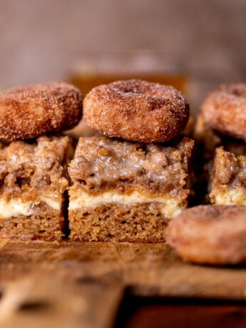 Apple cider coffee cake side view on a wood board.