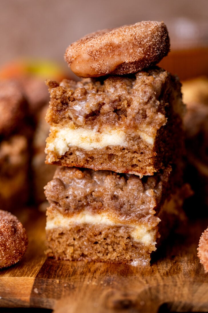 Stack of two apple cider coffee cake slices.
